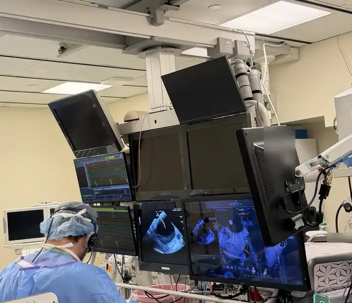 A procedure room ceiling crowded with equipment: ceiling-mounted booms carry a stacked wall of monitors showing electrograms, intracardiac echo and the mapping system, above a physician at the table.